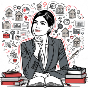 Illustration of female real estate agent in a thinking pose with houses, properties and keys surrounding her